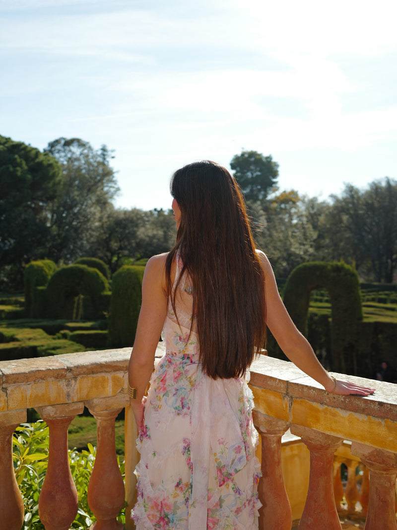 Vestido romántico volantes flores blanco