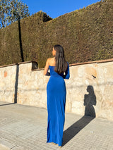 Vestido largo asimétrico rizo azul