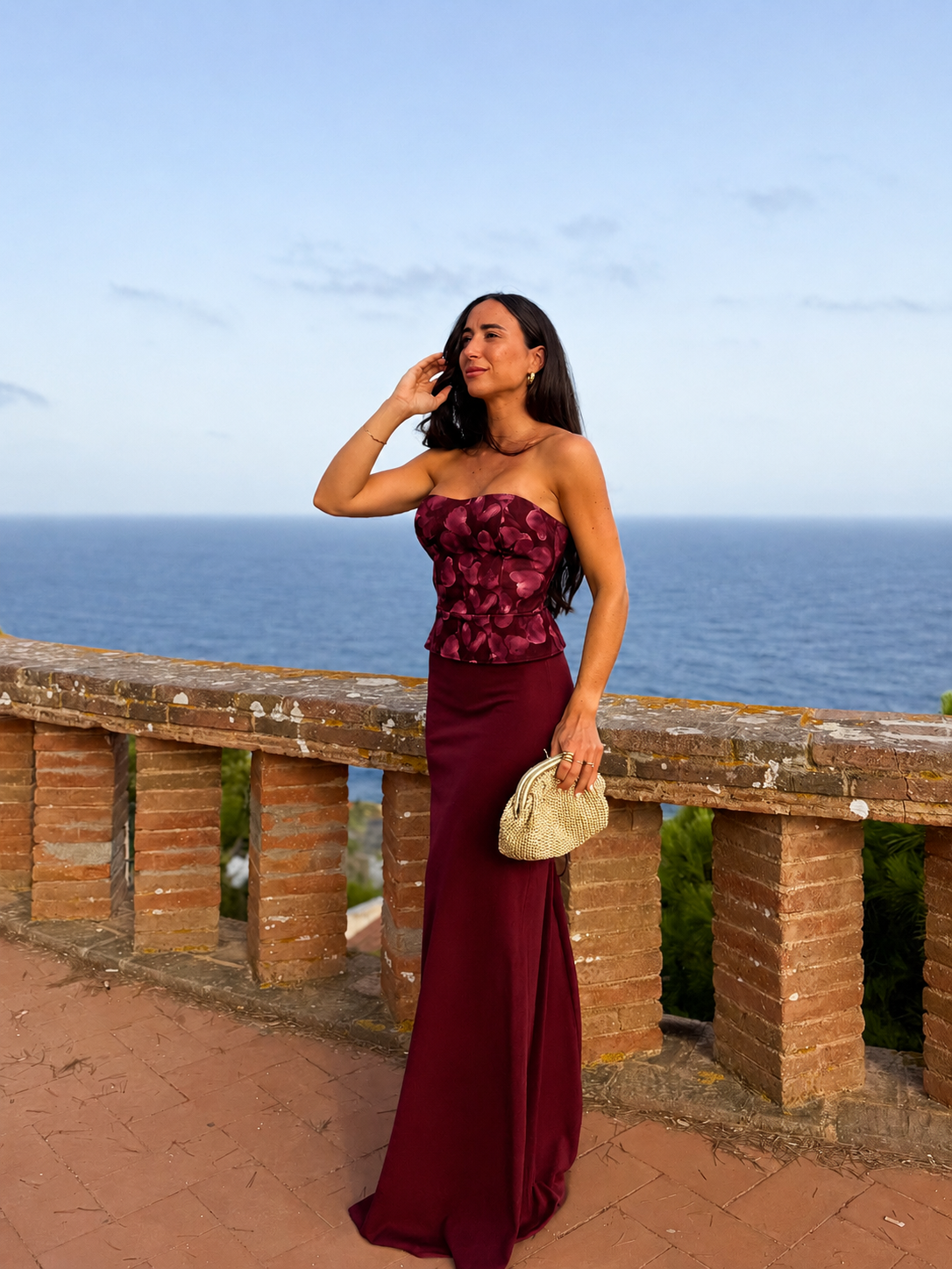 Vestido corsé estampado burdeos