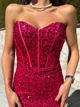 Vestido corse sirena glitter fucsia