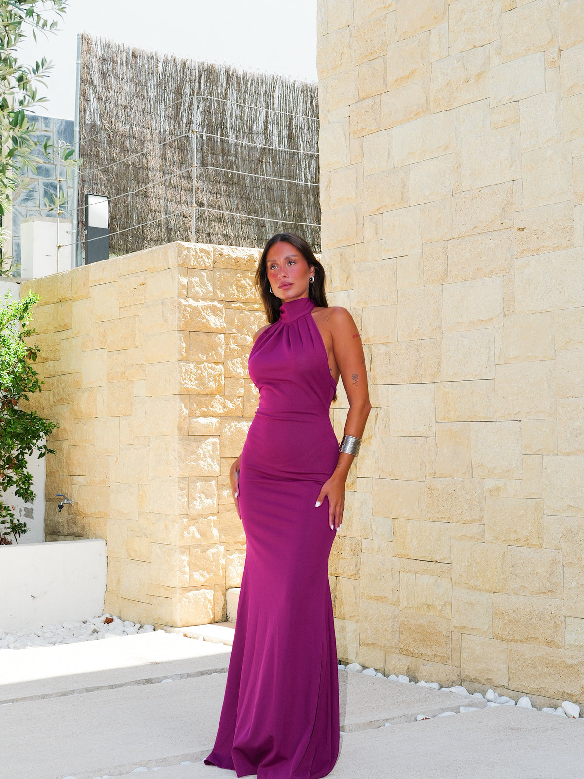 Vestido largo halter lazado amarena