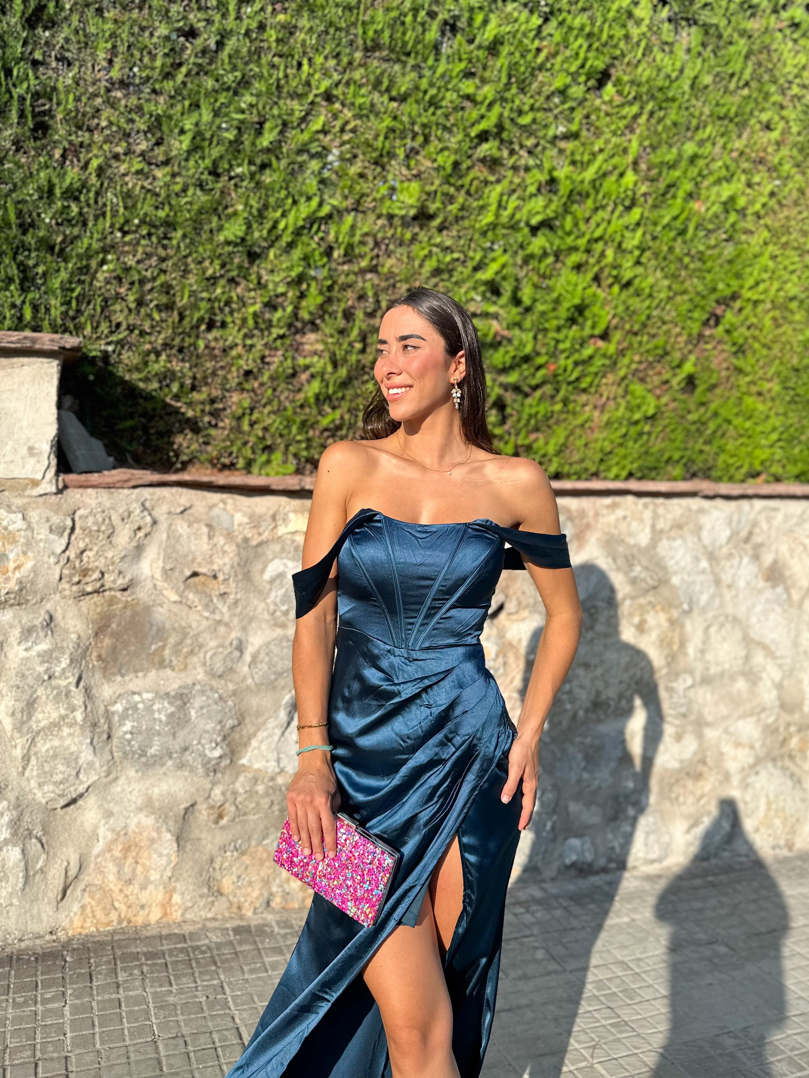 Robe baleines en satin pétrole