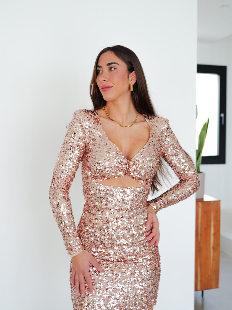 Vestido mini glitter nudo beige