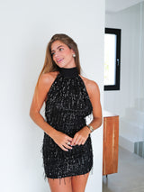 Vestido mini glitter flecos negro