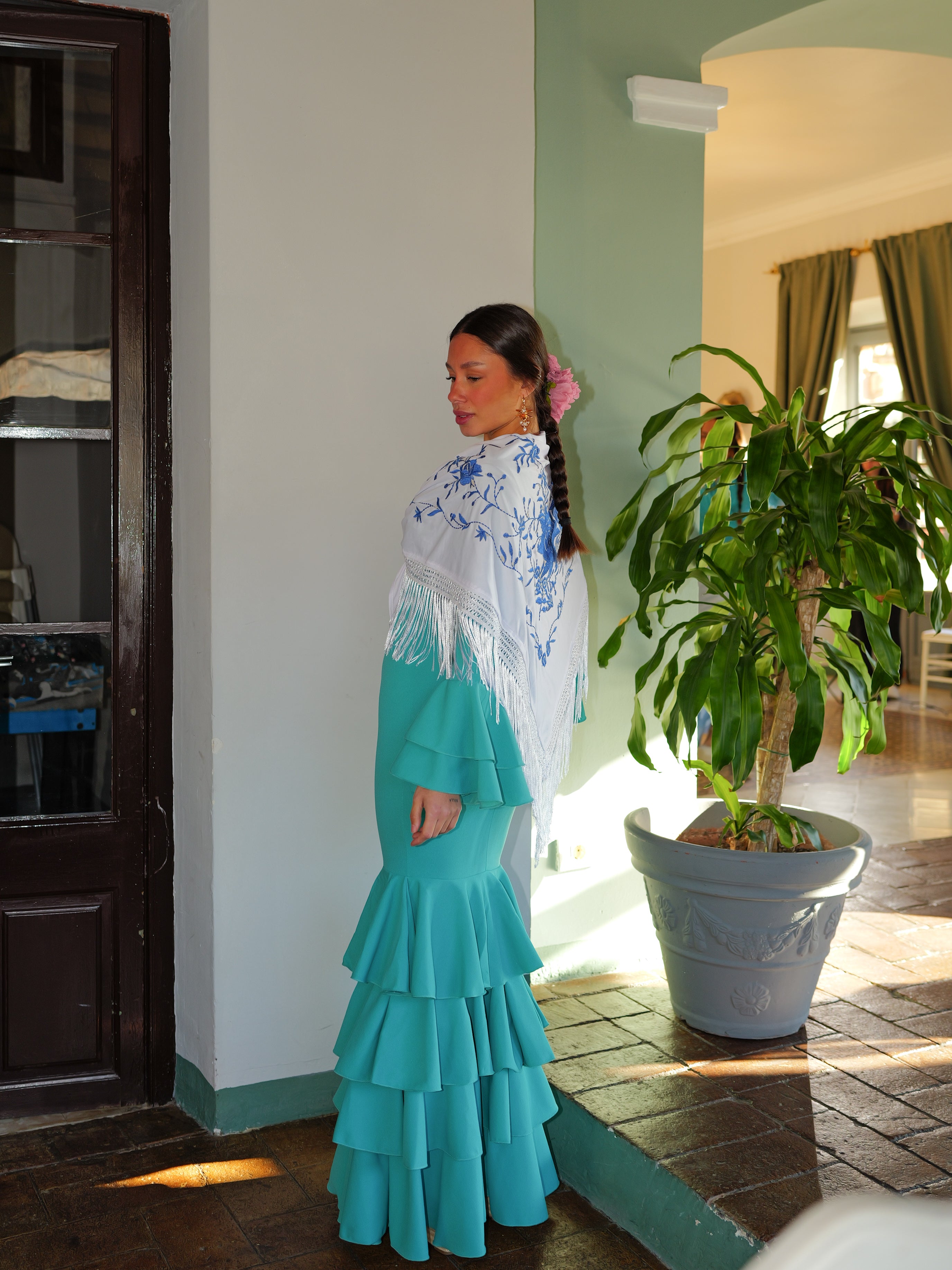 Traje flamenca volantes turquesa