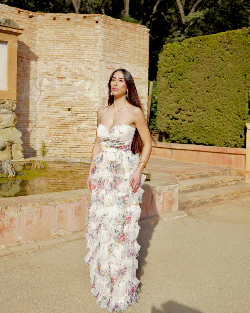 Vestido palabra romántico volantes flores blanco