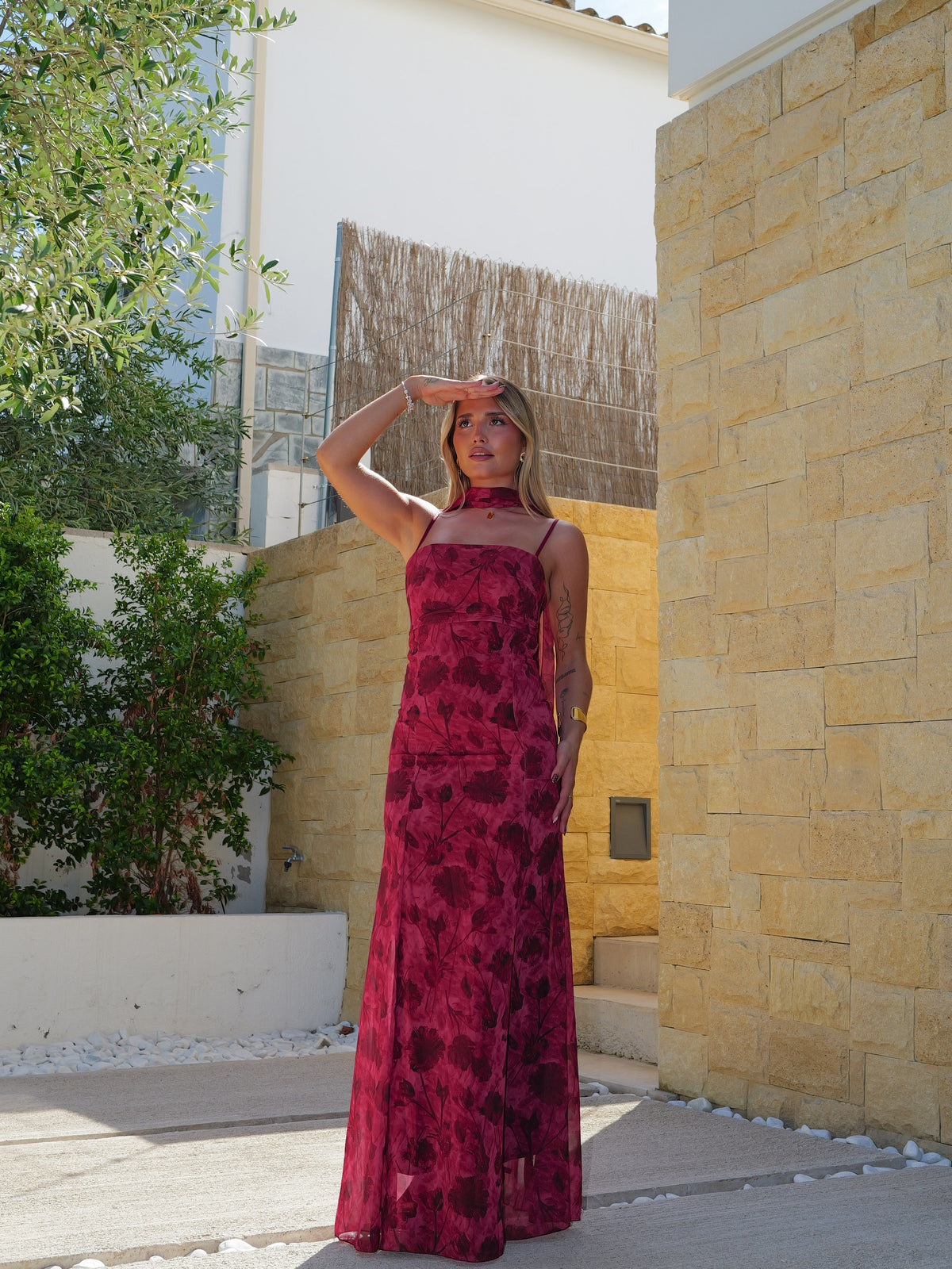 Burgundy-print georgette dress