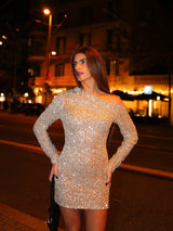 Vestido mini asimetrico glitter beige