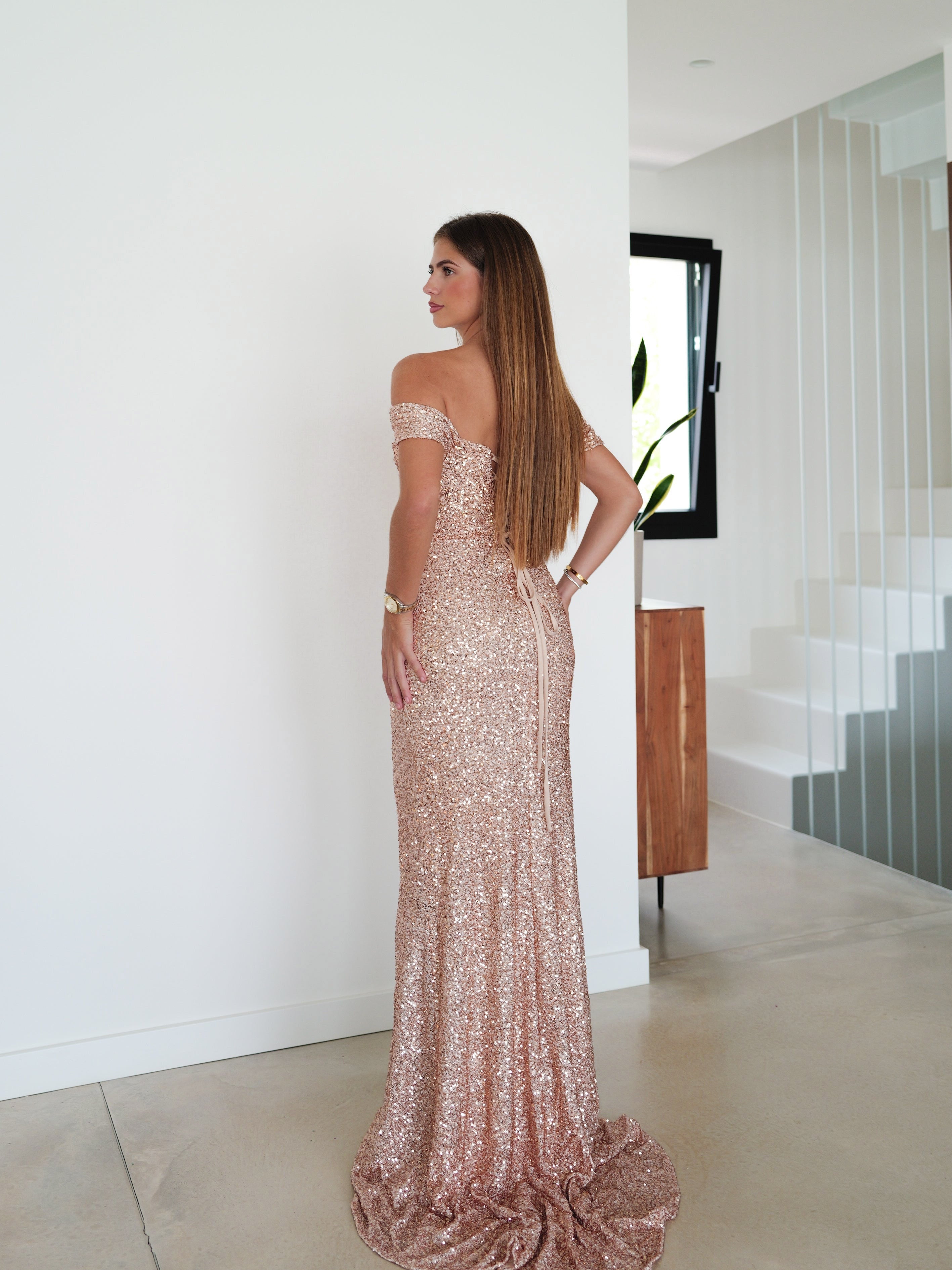 Vestido corse manguitos glitter rosa