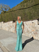 Vestido escote perlas sirena turquesa