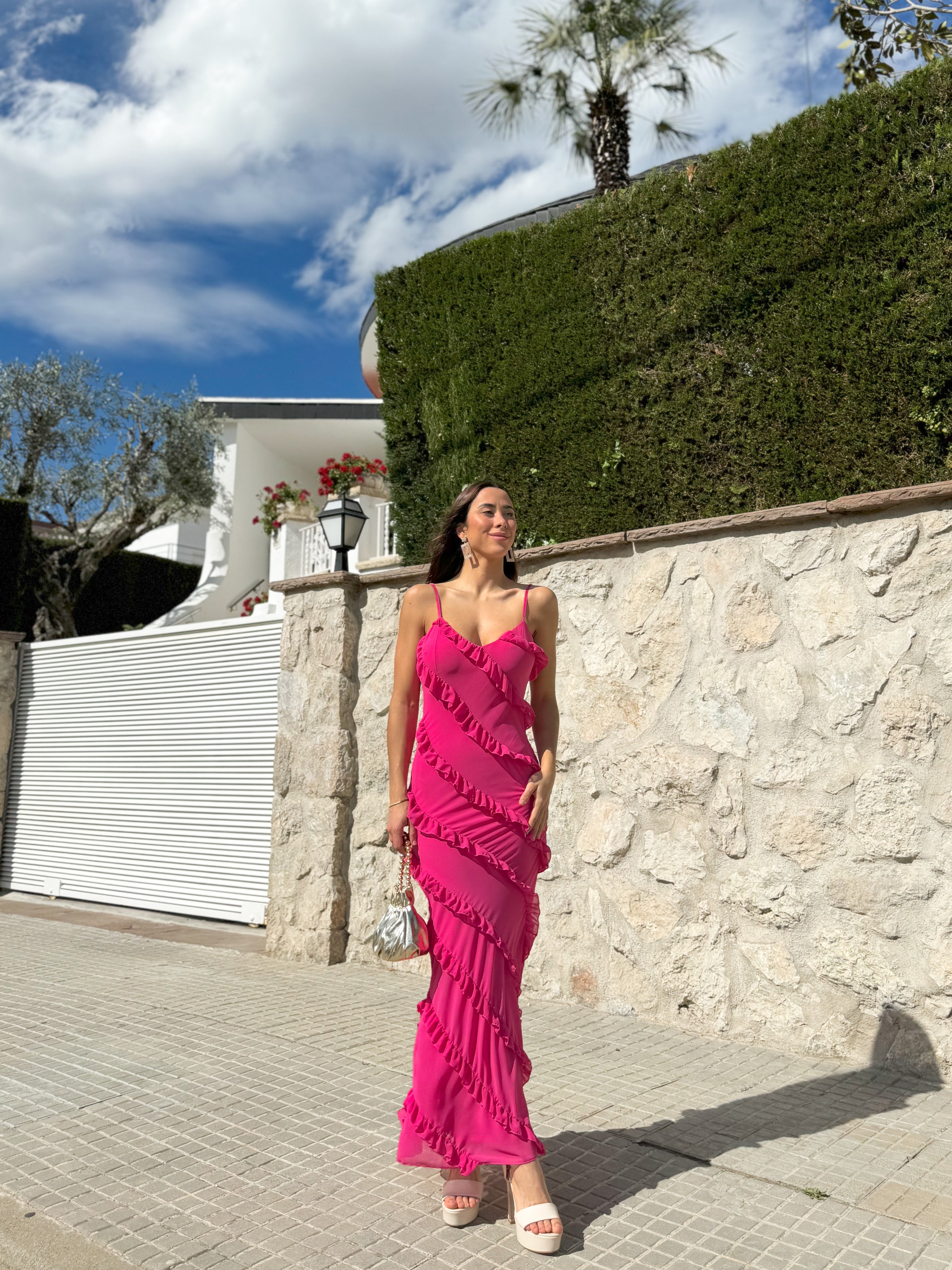 Vestido volantes crepe rosa