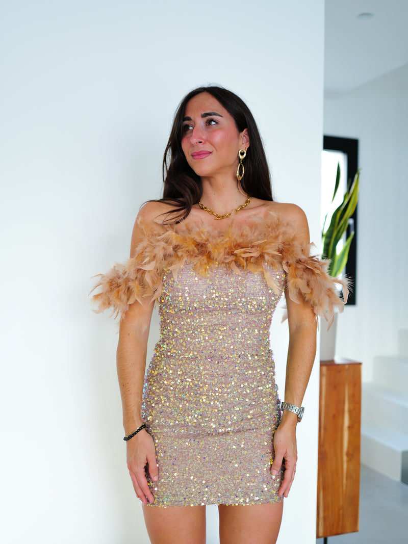 Vestido mini plumas glitter beige