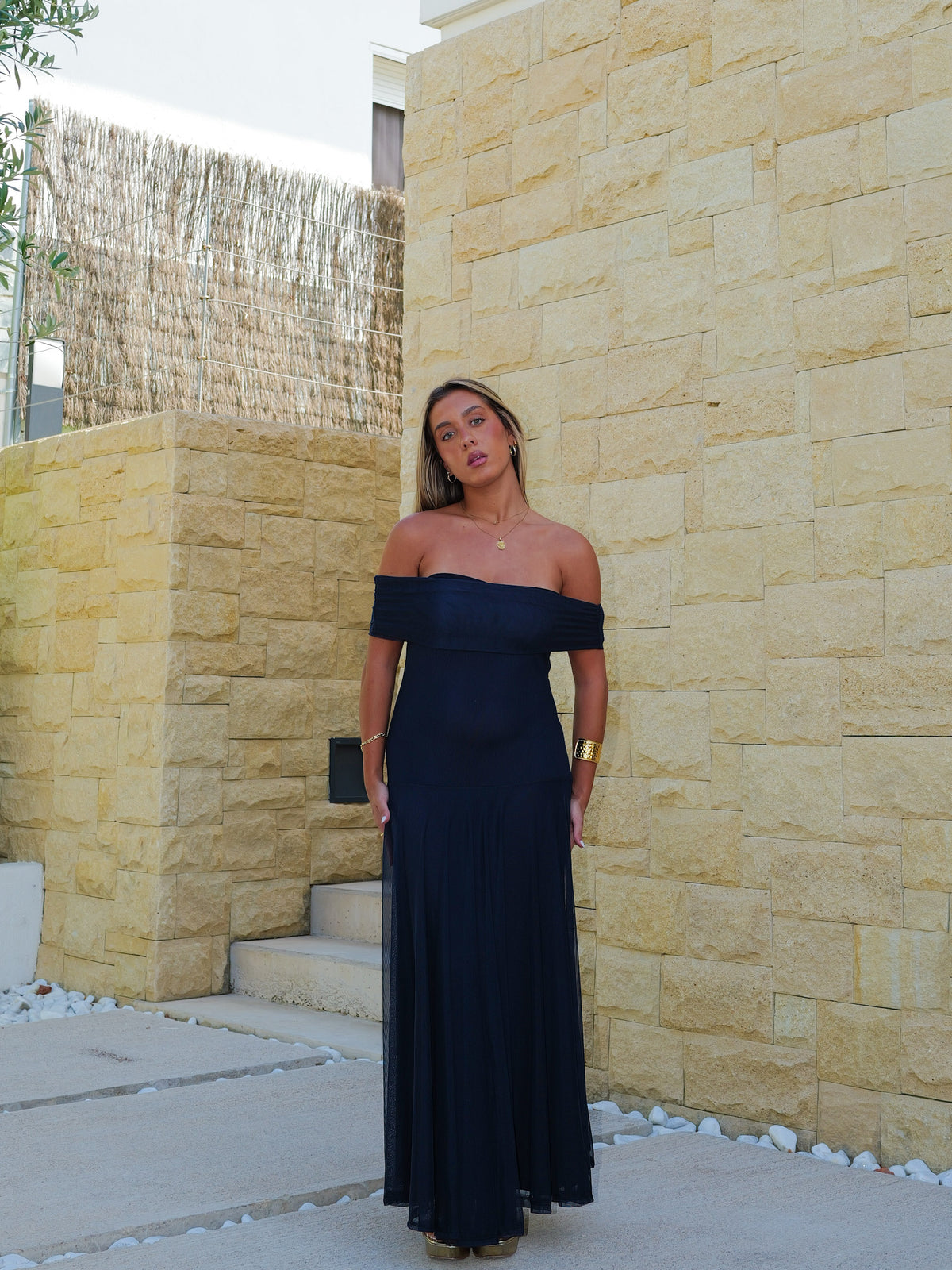 Abito midi svasato in tulle blu marino