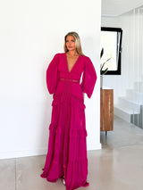 Vestido pico bordado fucsia