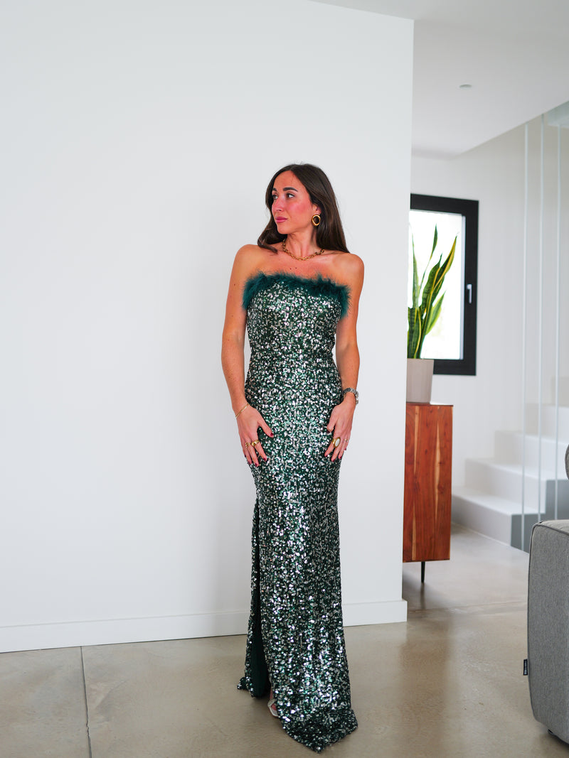 Vestido glitter largo plumas botella