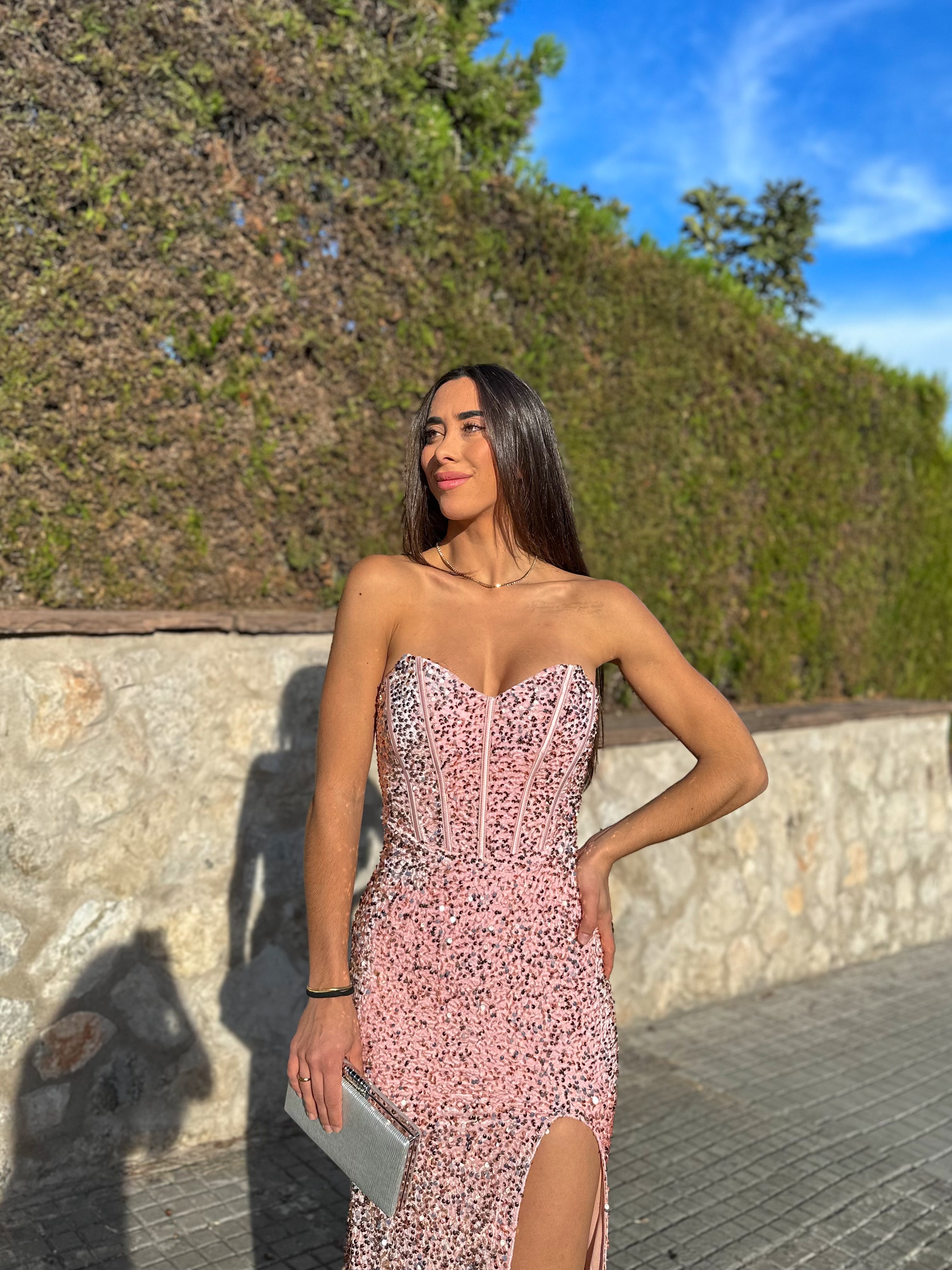 Vestido corse sirena glitter rosa