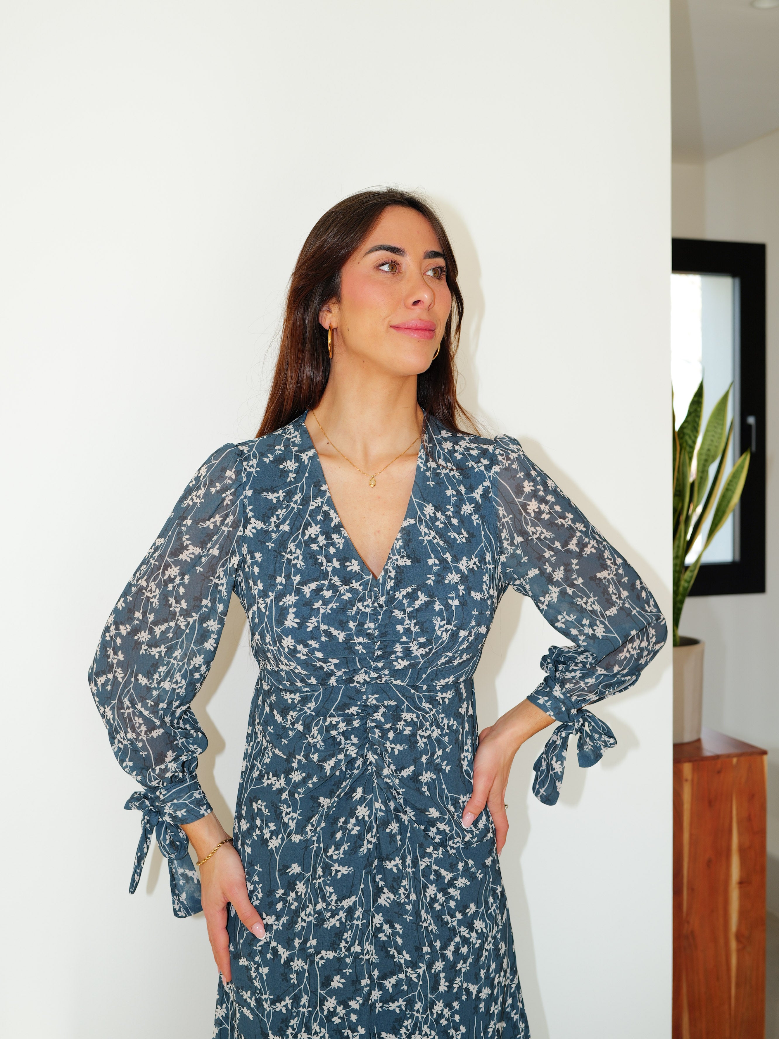 Vestido frunce estampado azul