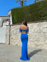 Vestido bardot espalda azul