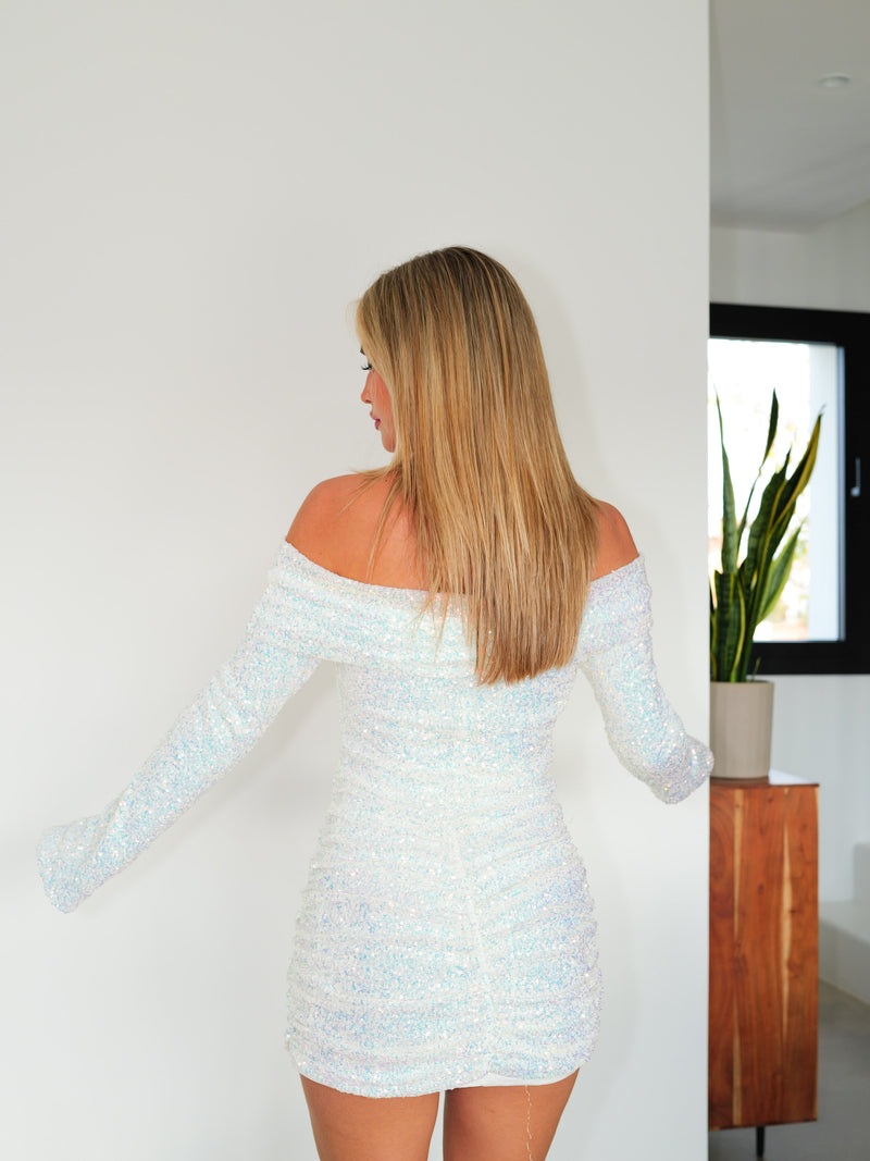 Vestido bardot glitter blanco