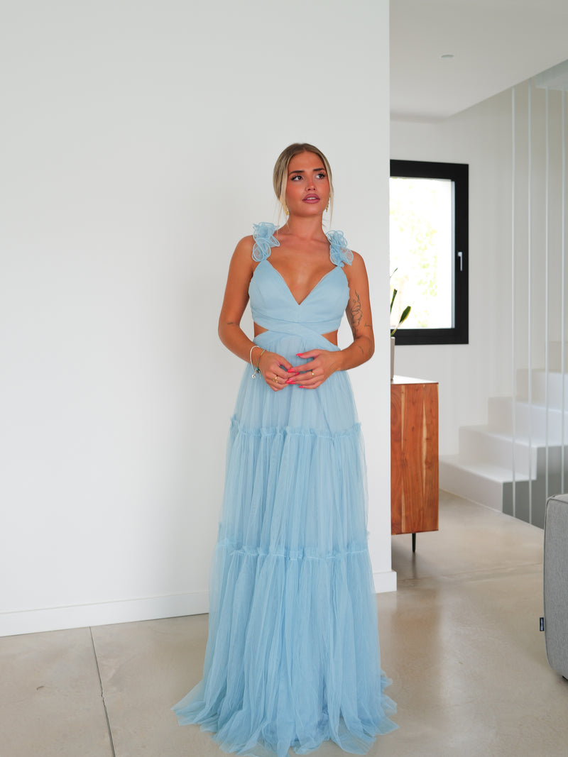 Vestido aberturas tulle celeste