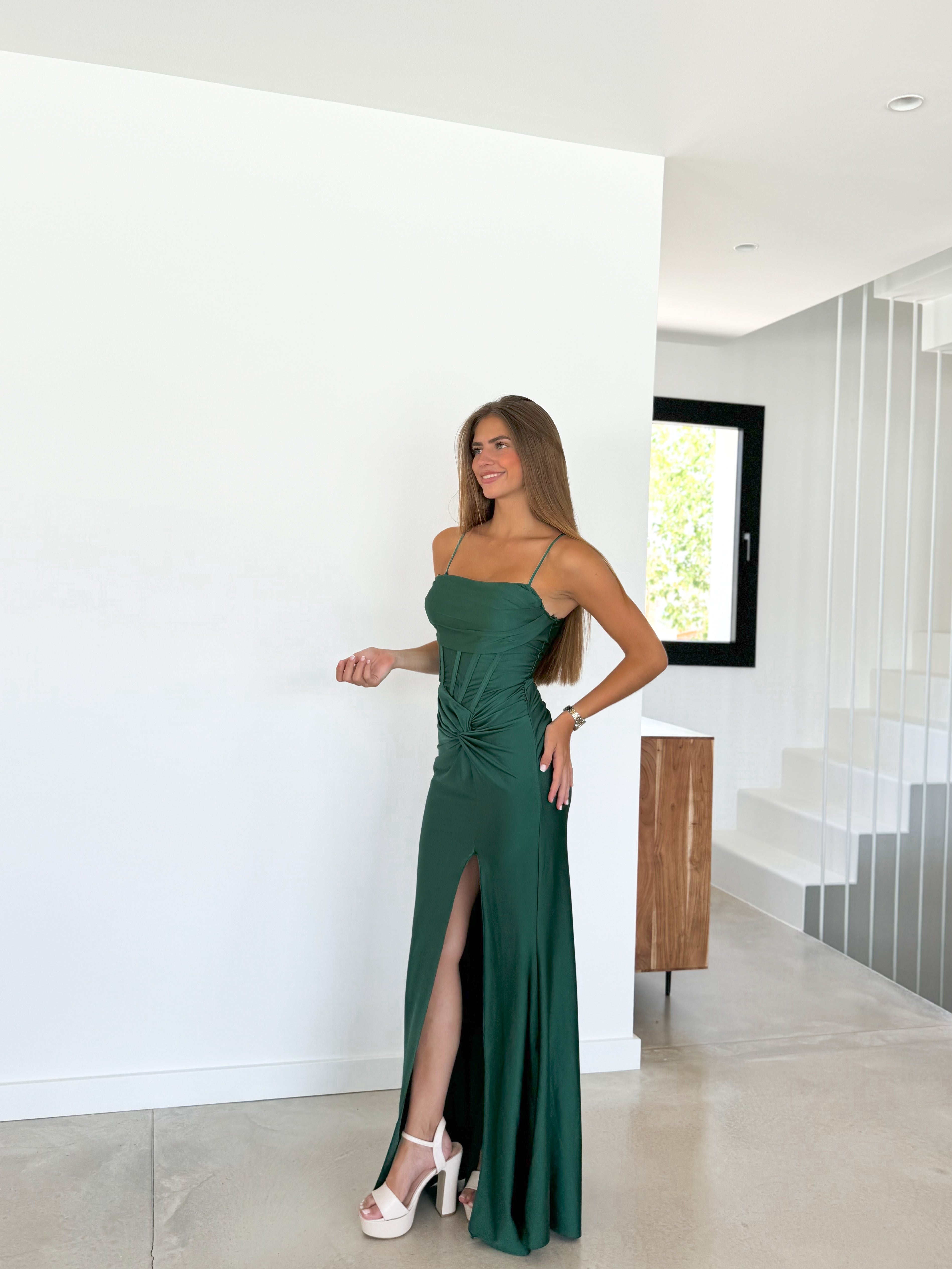 Vestido corsé satin nudo verde