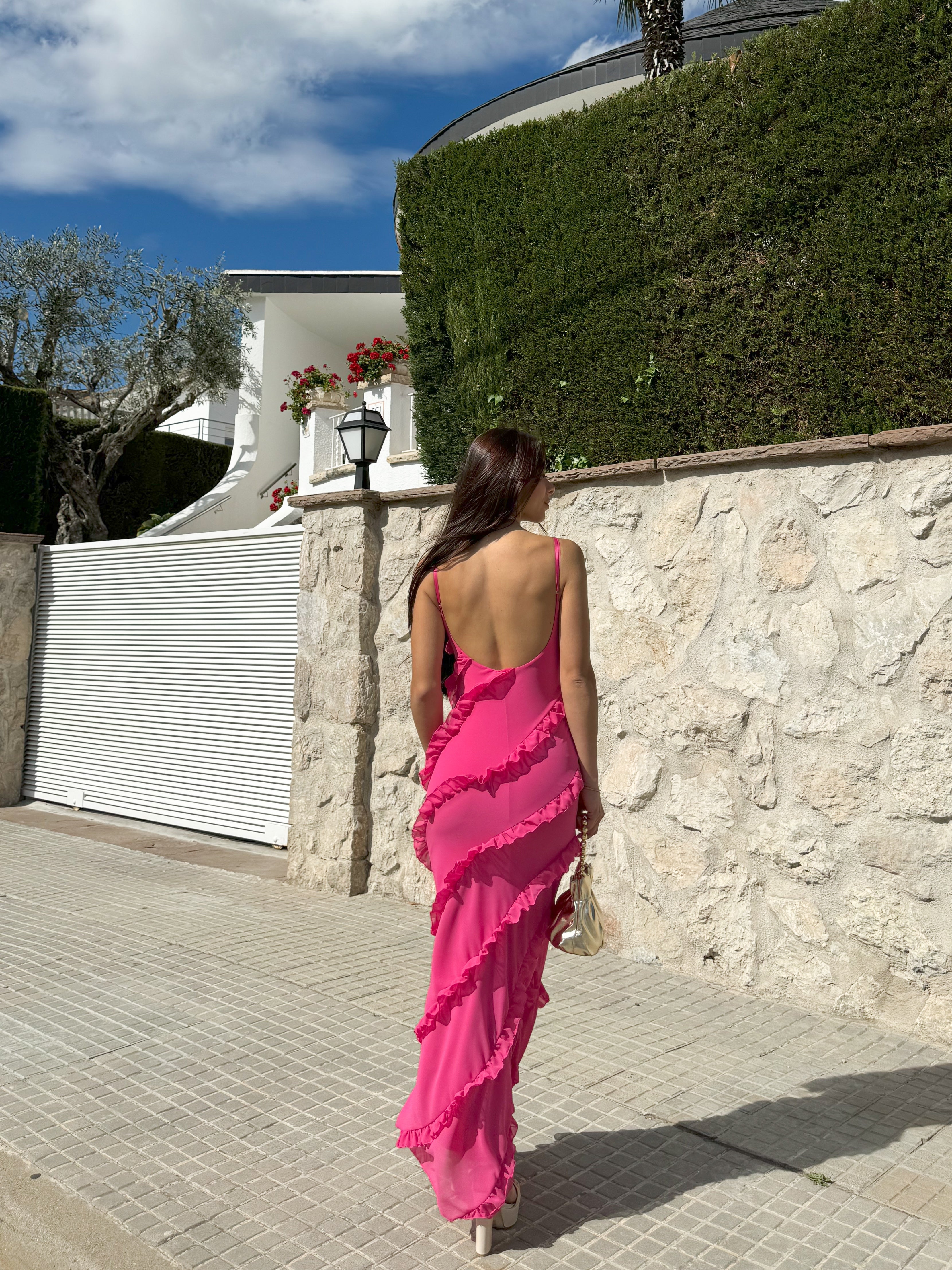 Vestido volantes crepe rosa