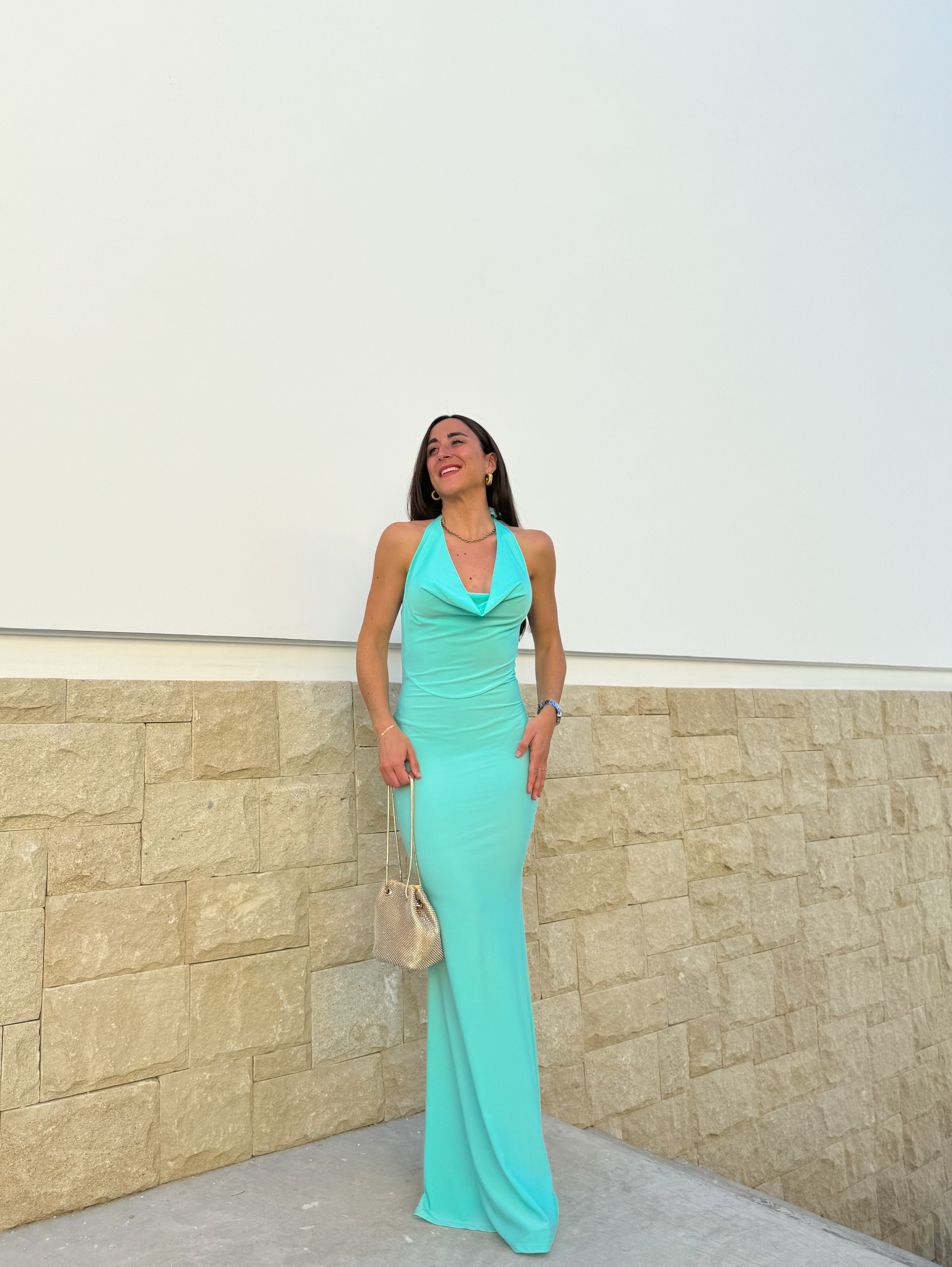 Abito lungo a cascata turchese