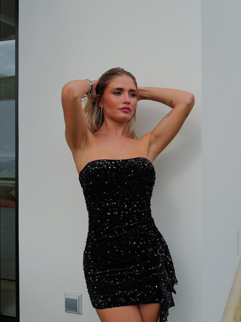 Vestido glitter volante velvet negro