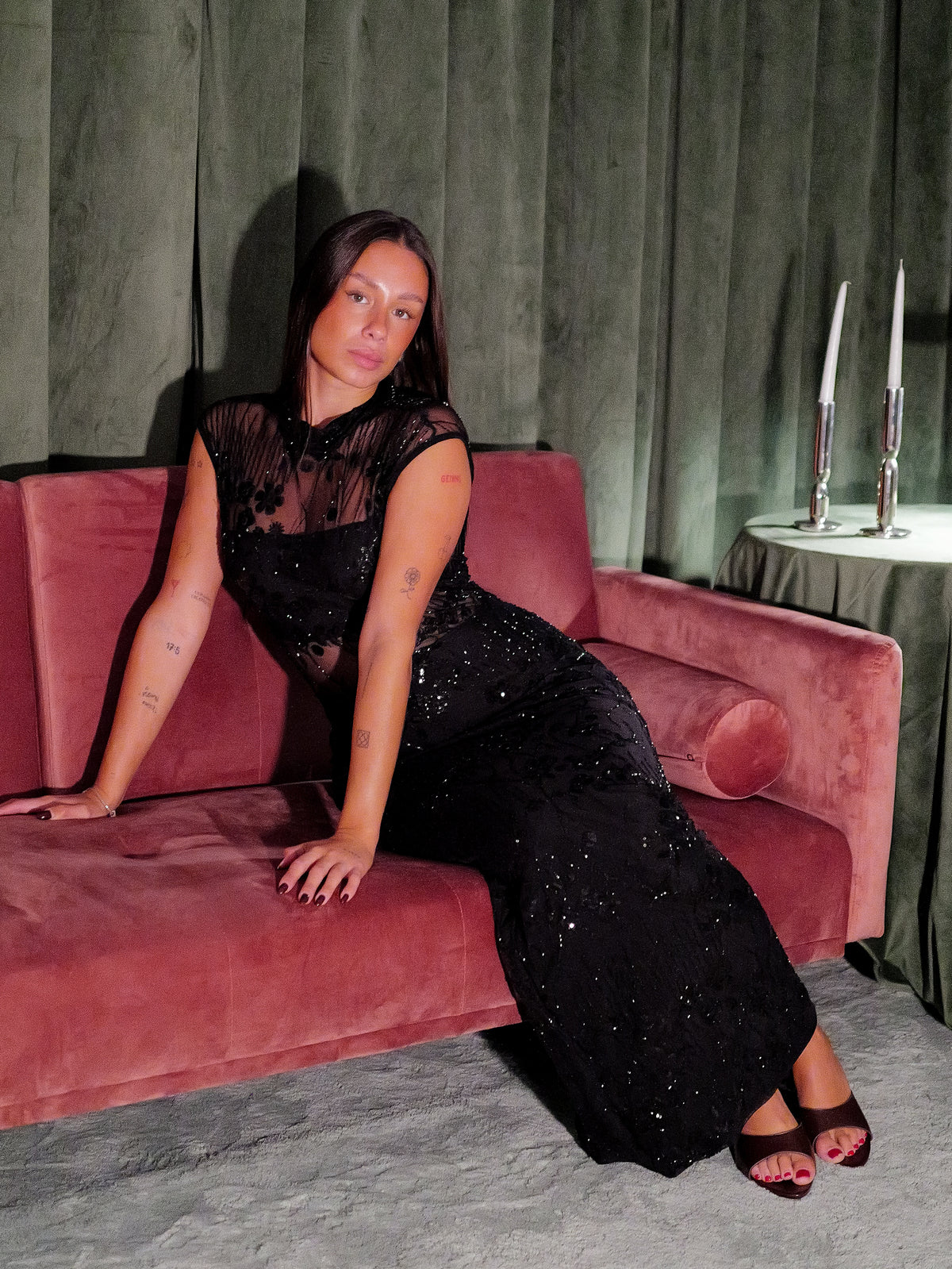 Black Long Glitter Dress with Perkins Neckline
