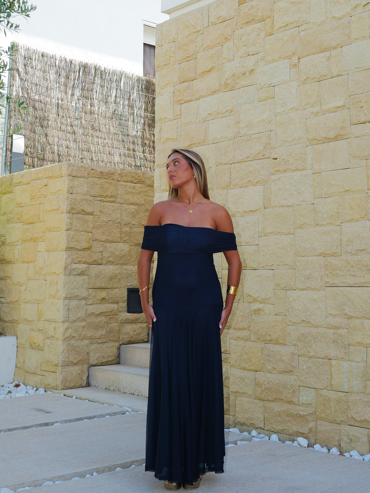 Abito midi svasato in tulle blu marino