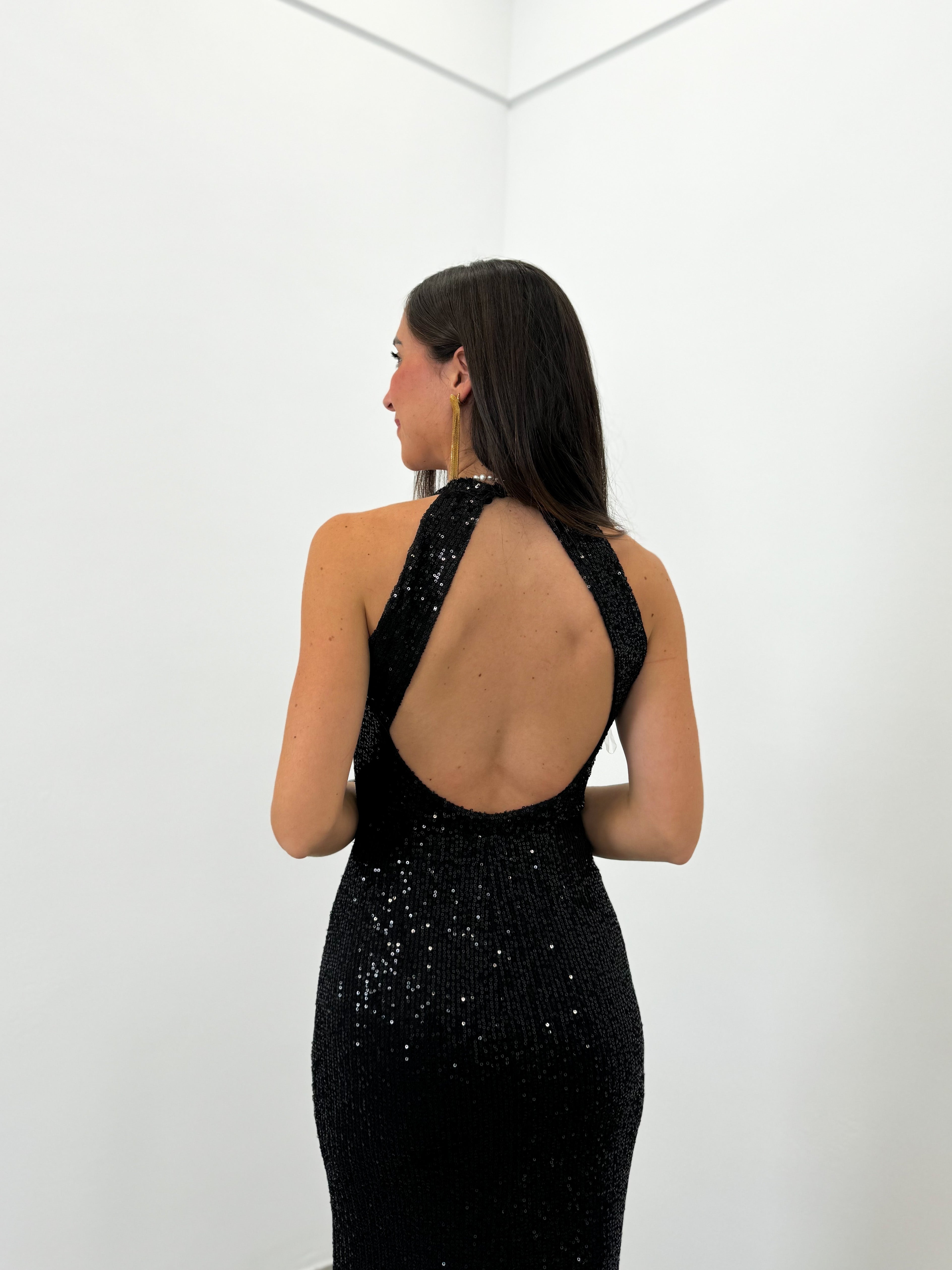 Vestido glitter largo halter negro