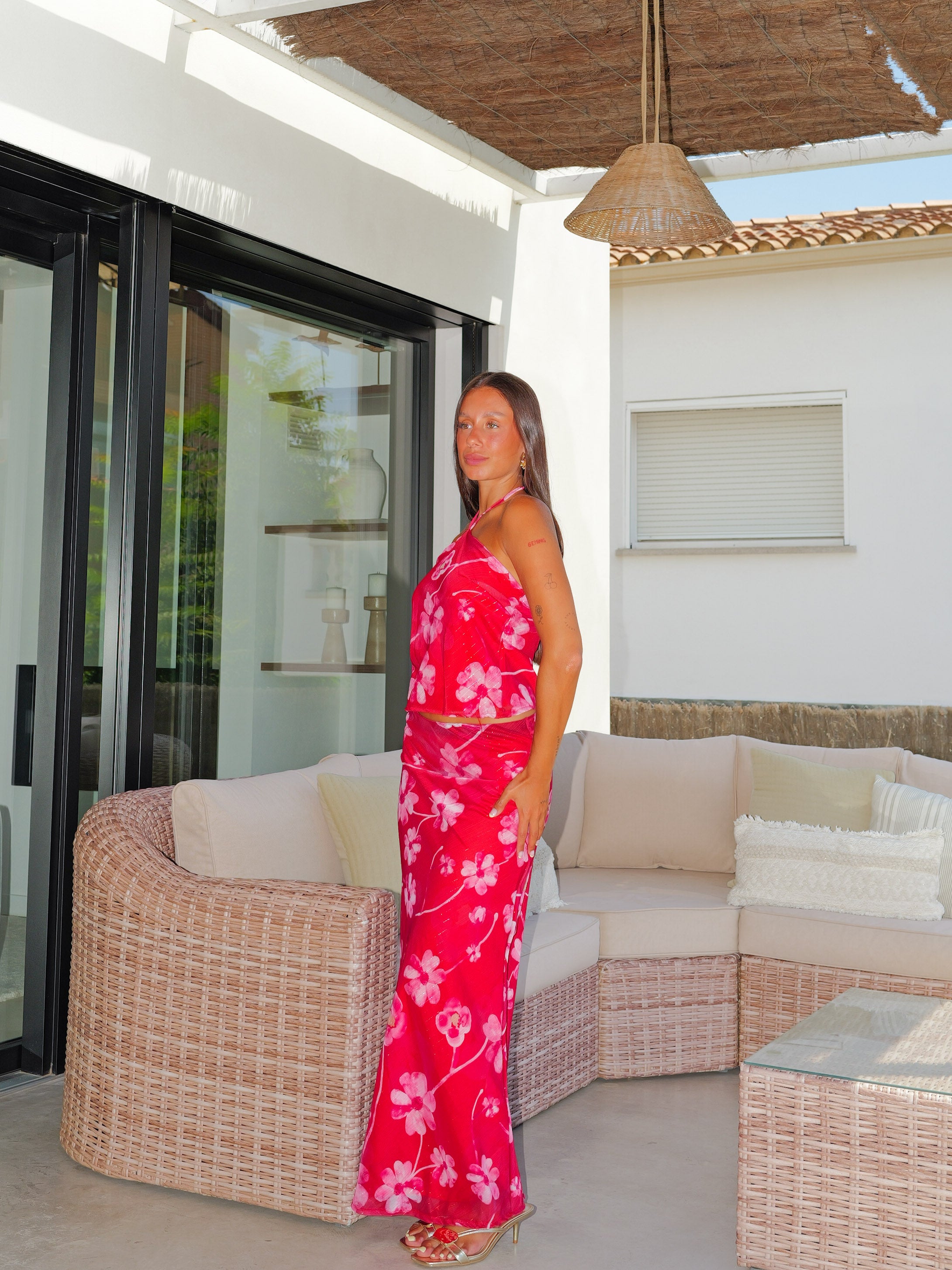 Conjunto estampado halter burdeos
