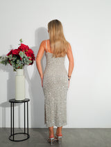 Vestido midi cascada glitter beige