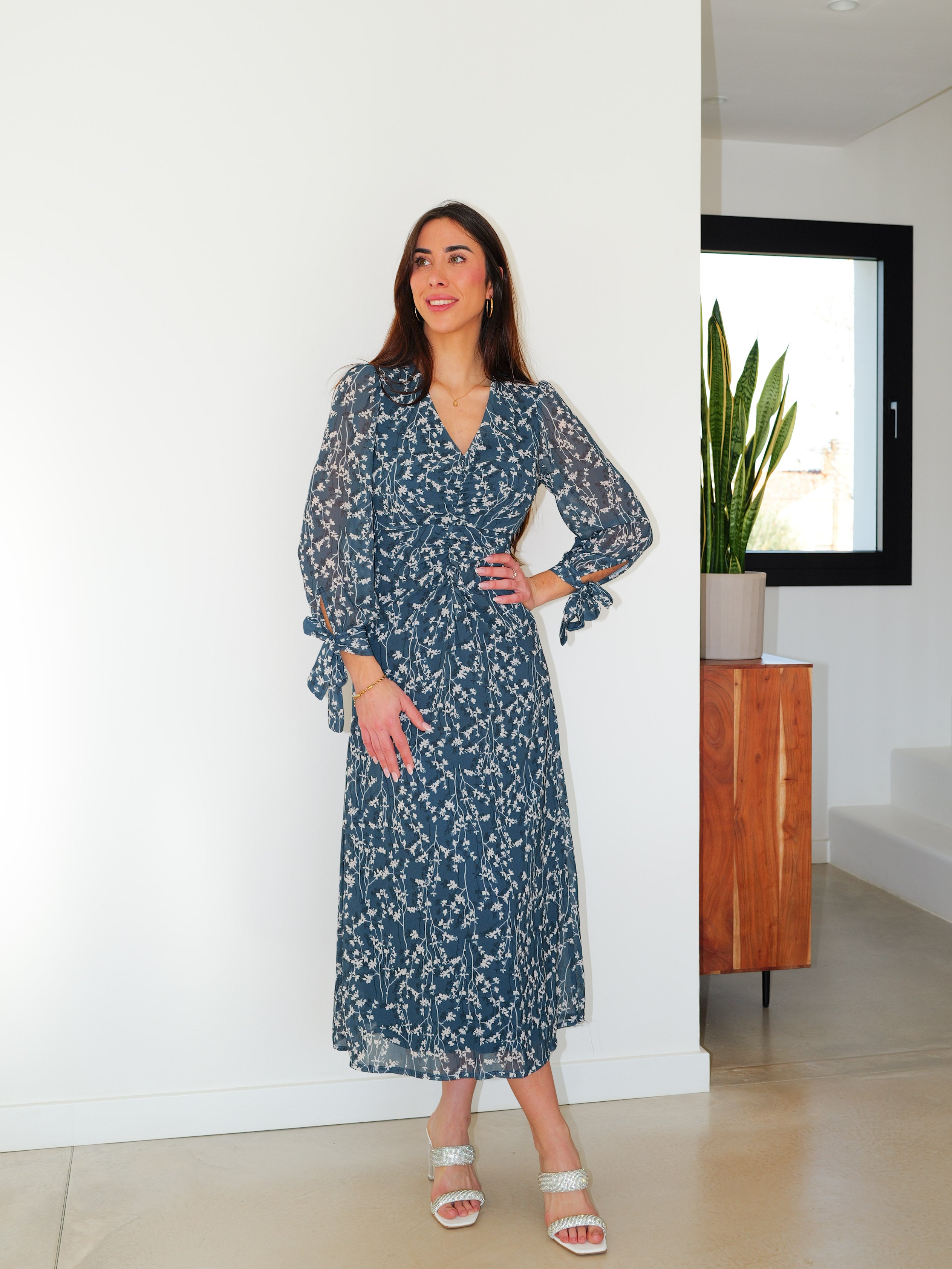 Vestido frunce estampado azul