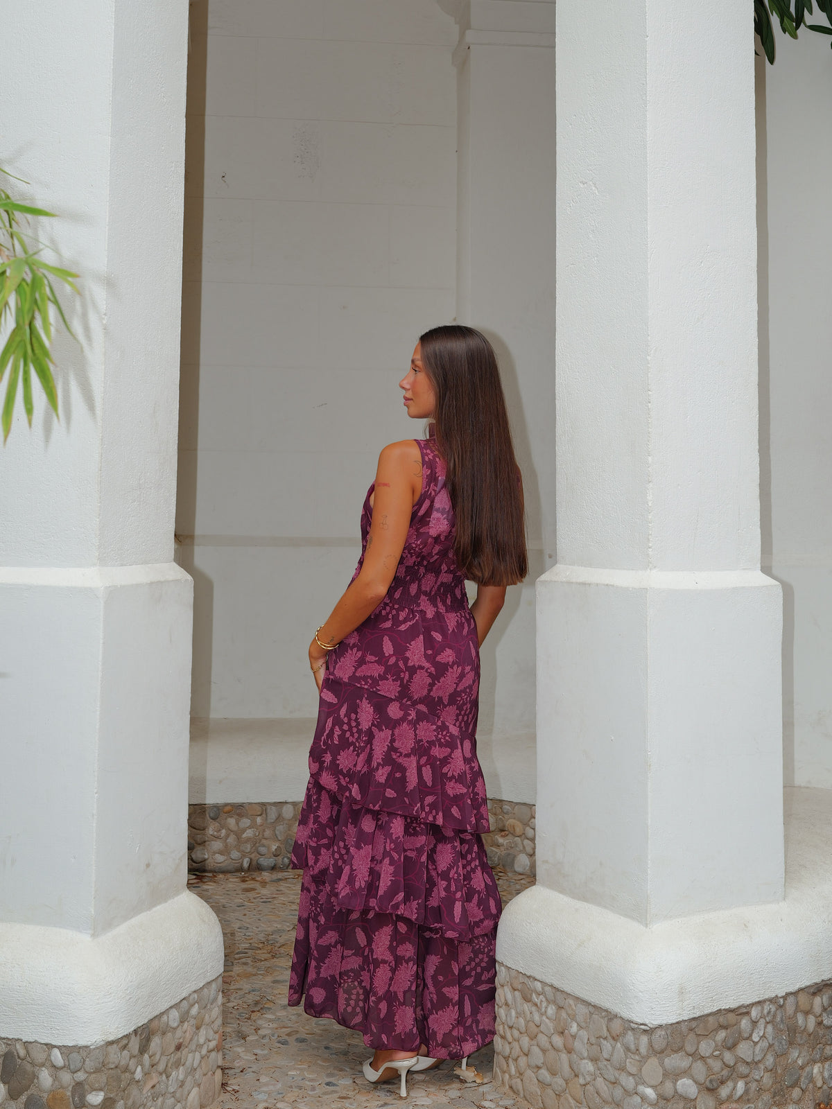 Vestido halter estampado burdeos