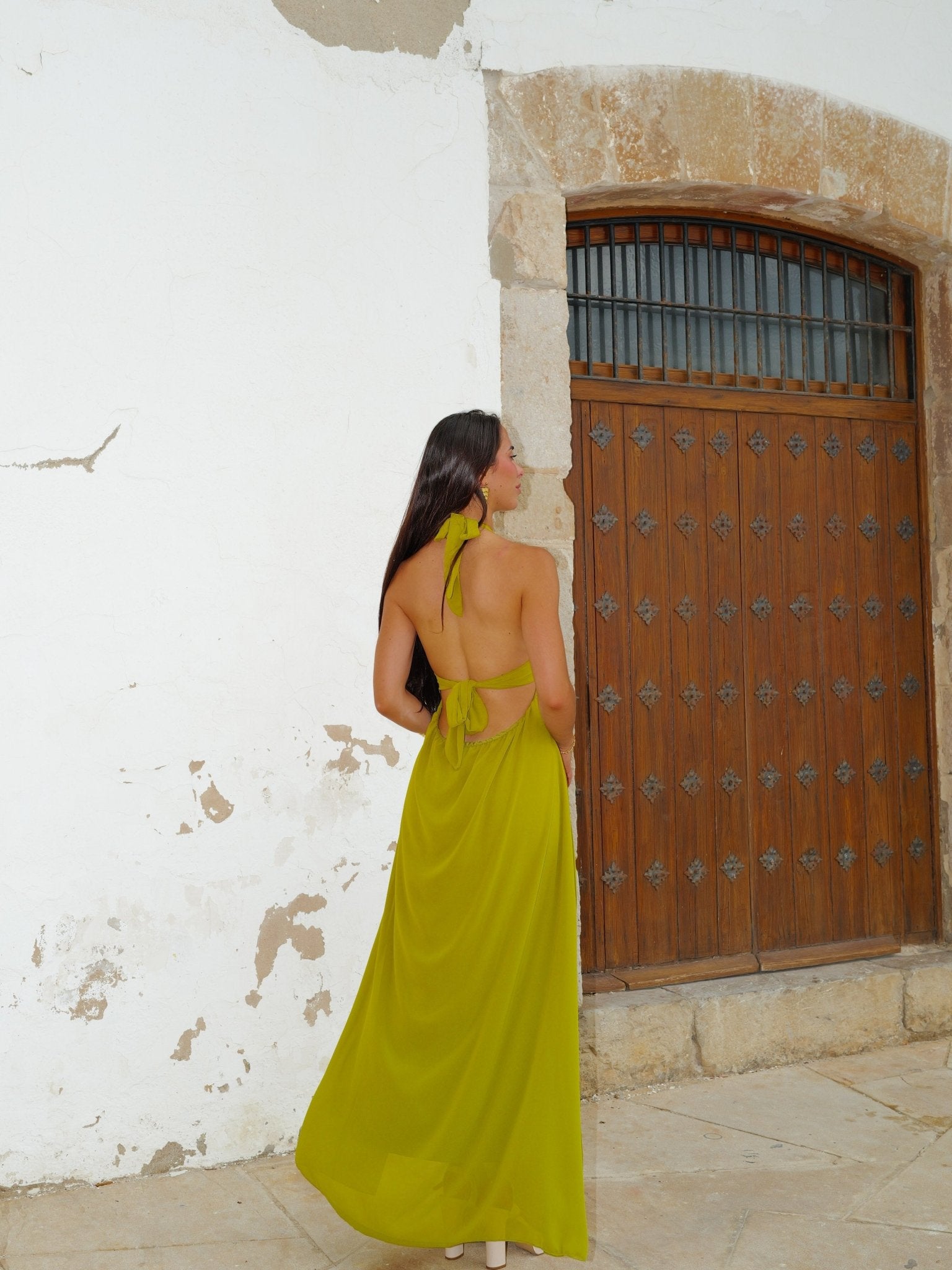 Long chiffon dress with V-neckline in olive green - SORELLAS