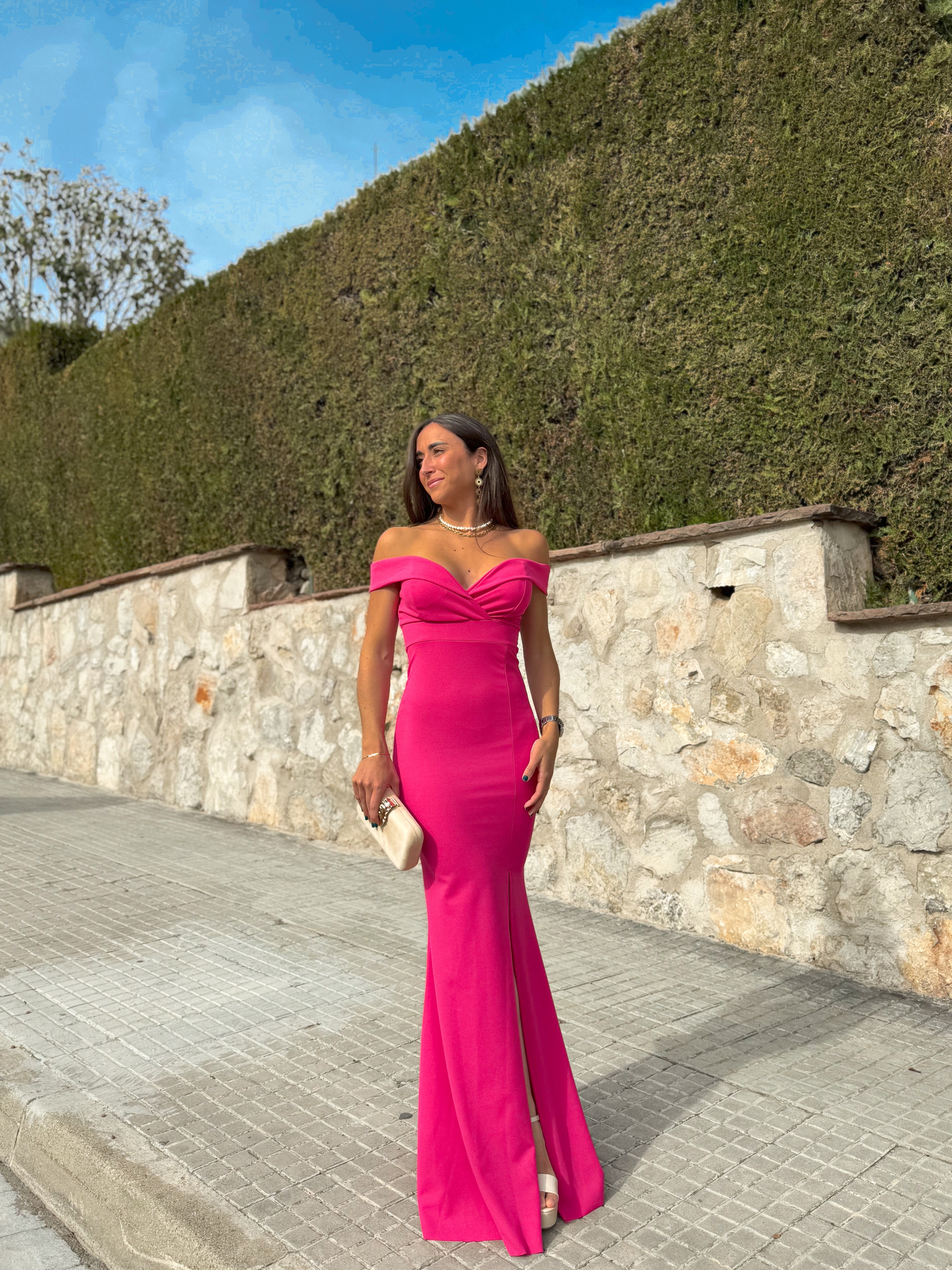 Vestido barco sirena fucsia