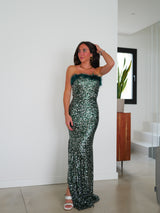 Vestido glitter largo plumas botella