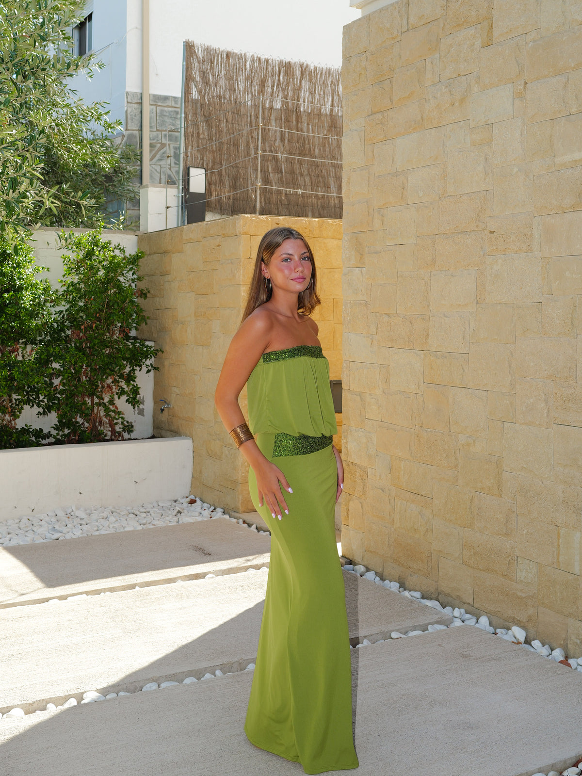 Vestido largo palabra glitter oliva