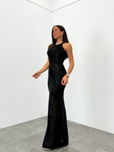 Vestido glitter largo halter negro