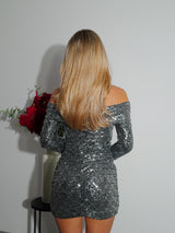 Vestido bardot glitter plata