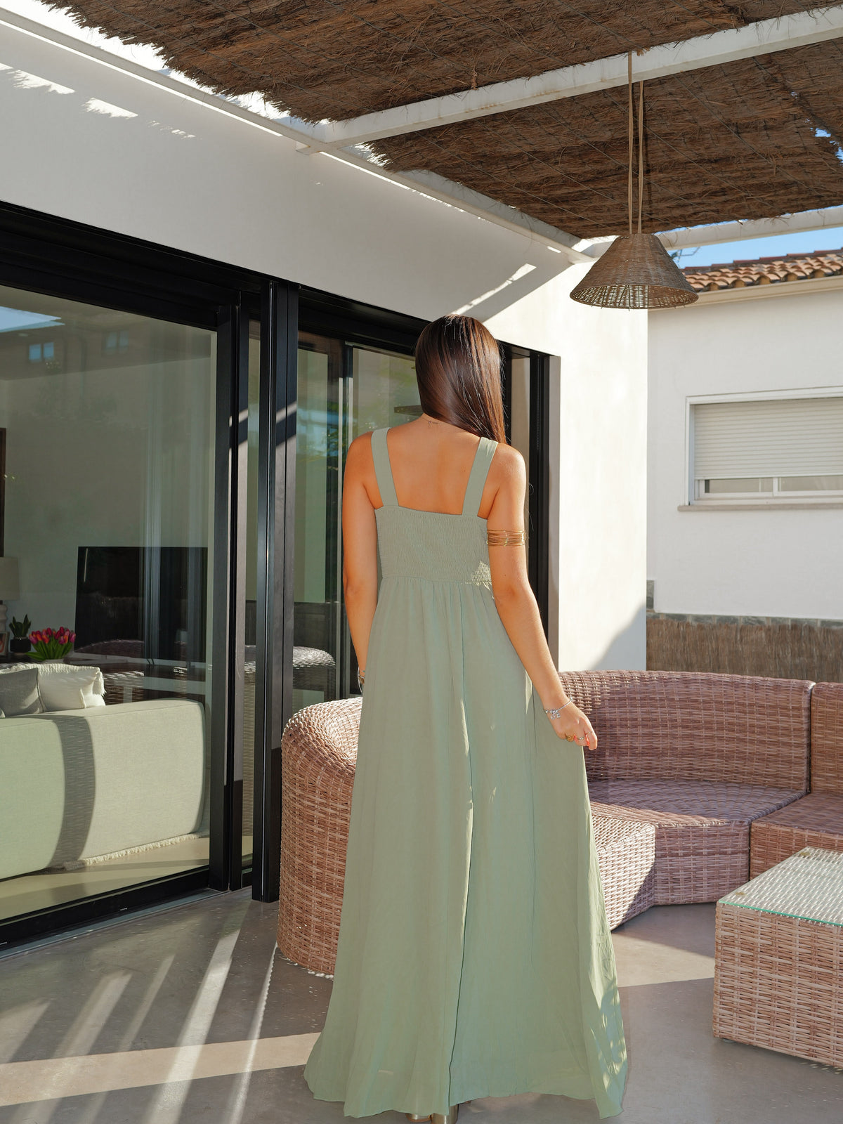 Vestido largo escote pico drapeado menta