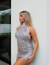 Vestido mini glitter flecos plata