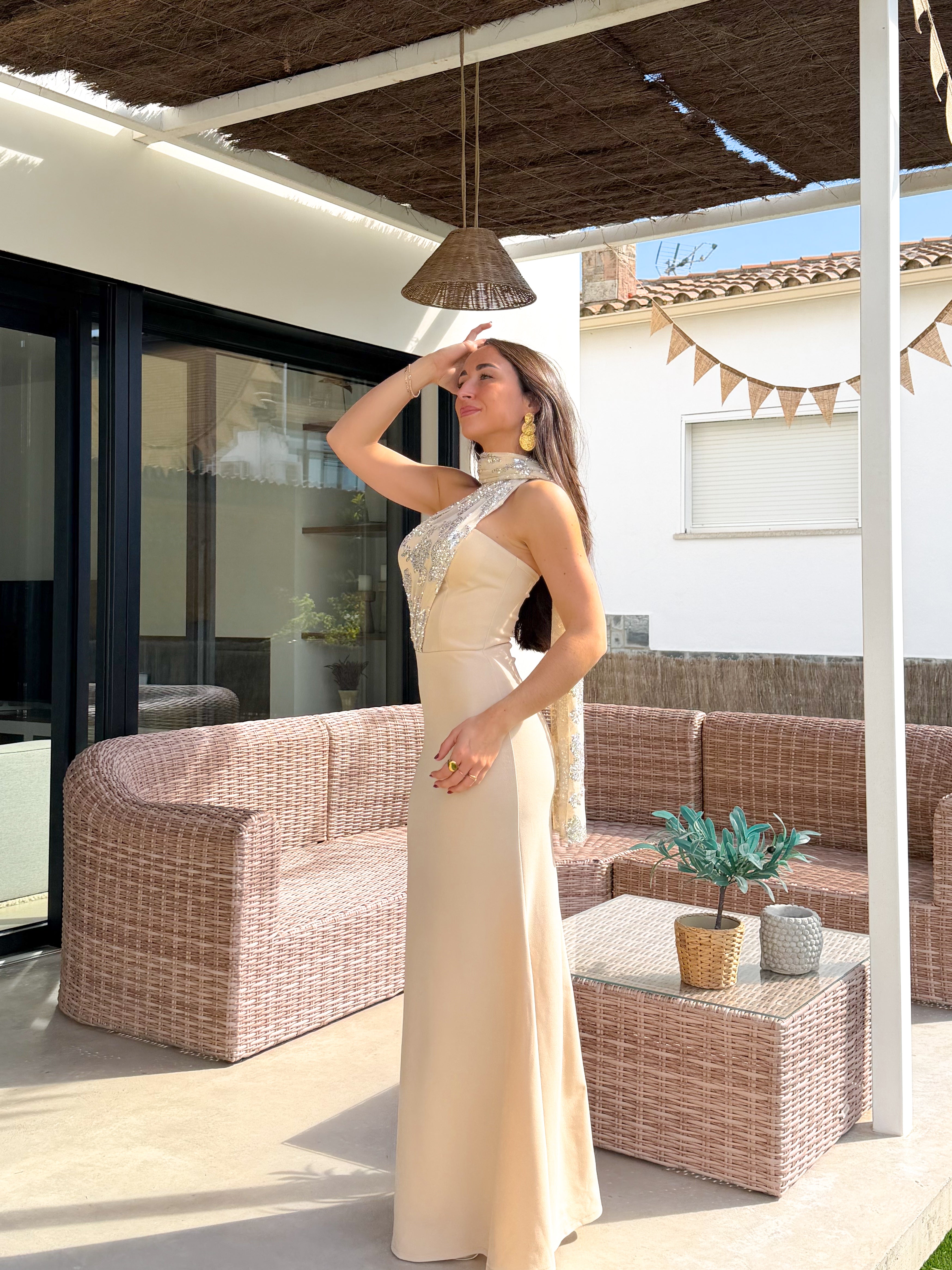 Vestido multi tulle brillos beige