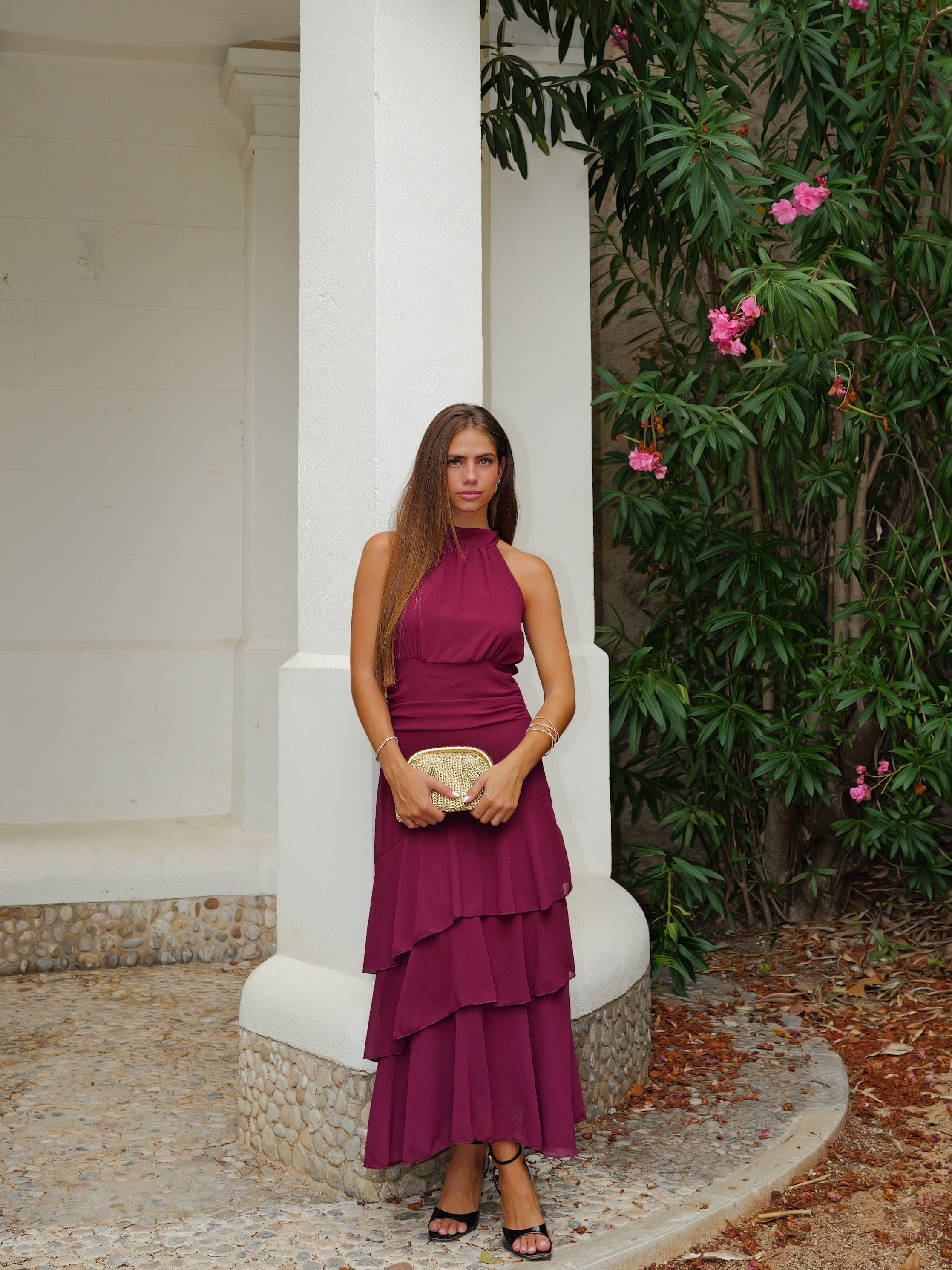 Vestido largo halter lazo liso vino