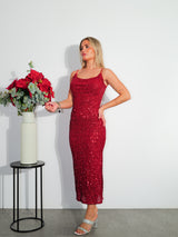 Vestido midi cascada glitter rojo