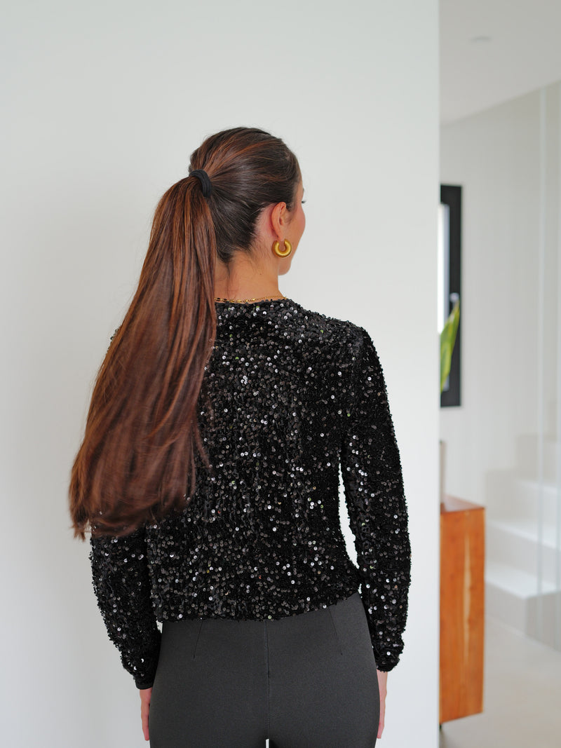 Top glitter velvet lazo negra