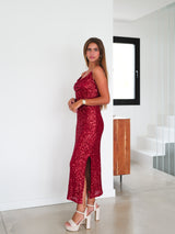 Vestido midi cascada glitter rojo