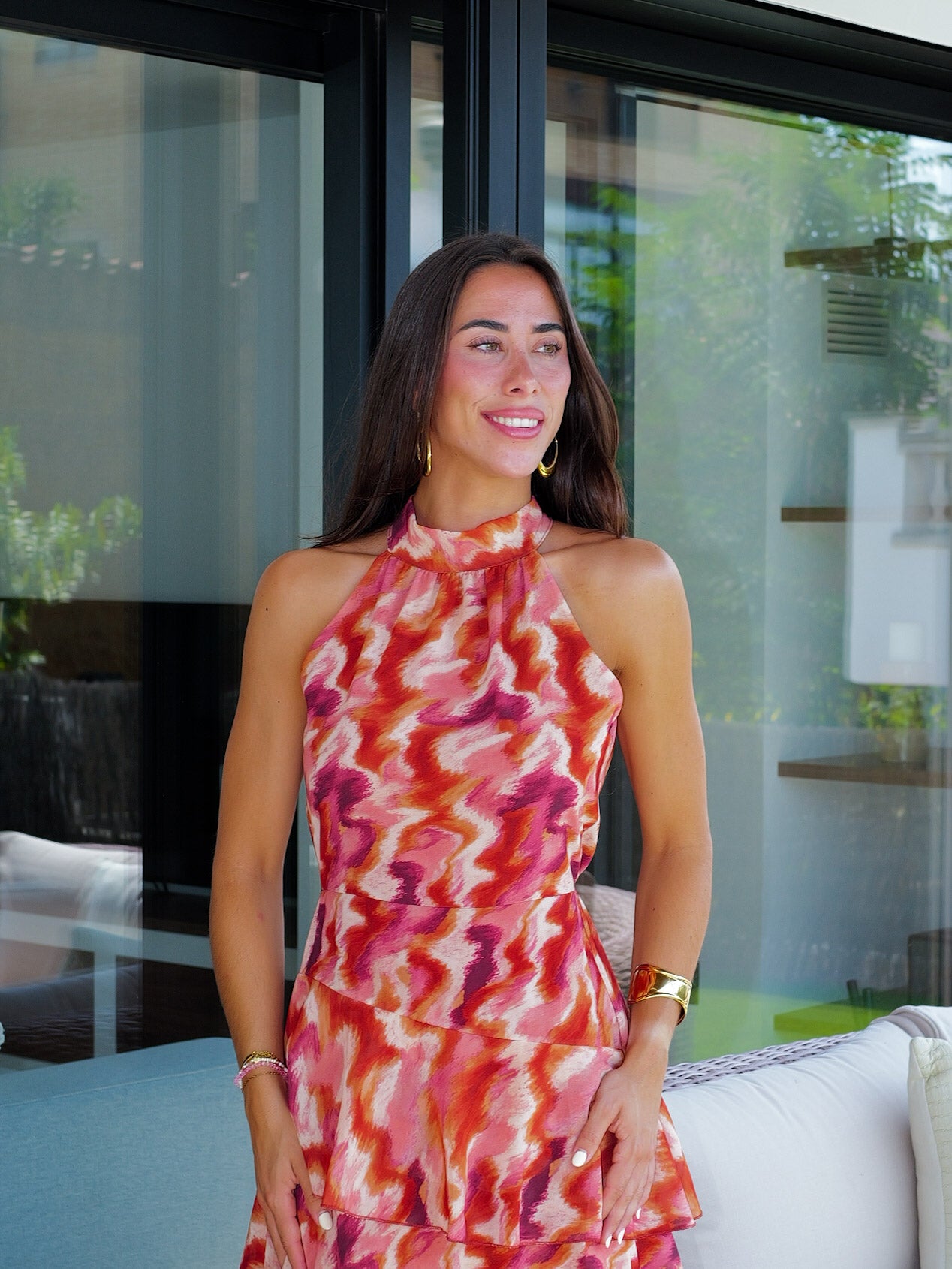 Vestido midi halter estampado caldera