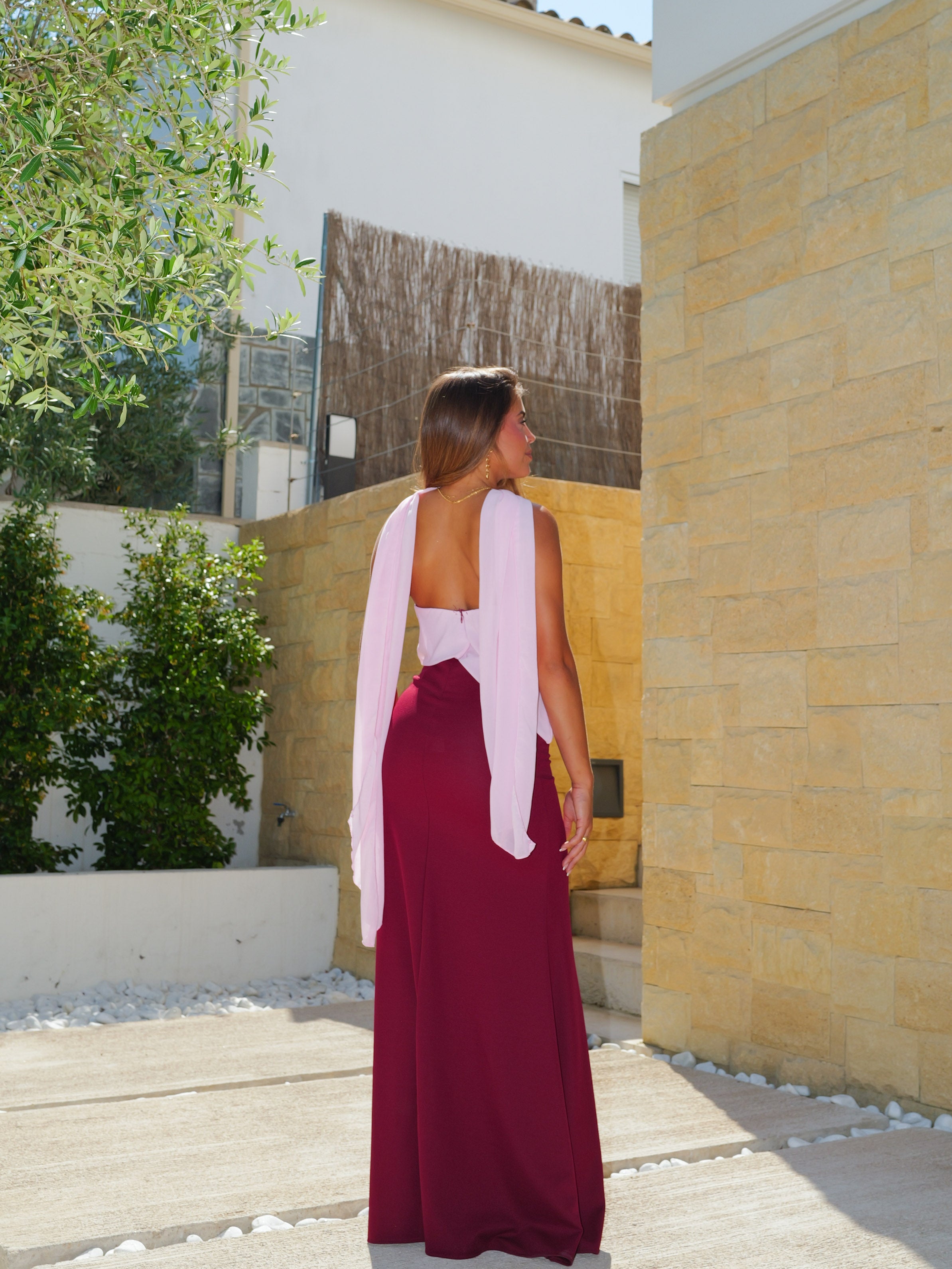 Vestido palabra gasa asim bicolor burdeos